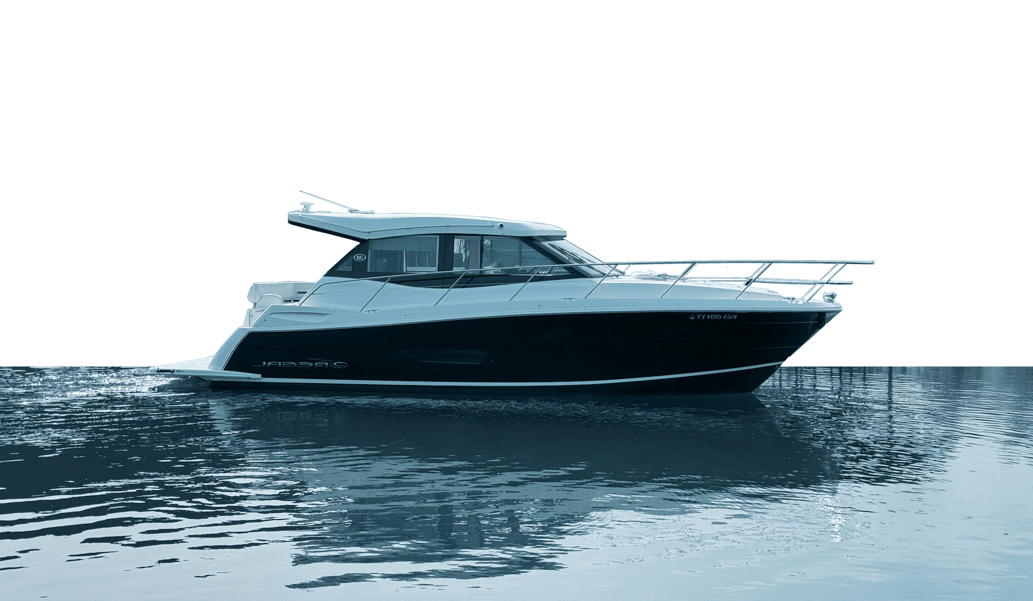 An image of a motorboat on the water, showcasing its sleek design against the serene backdrop.